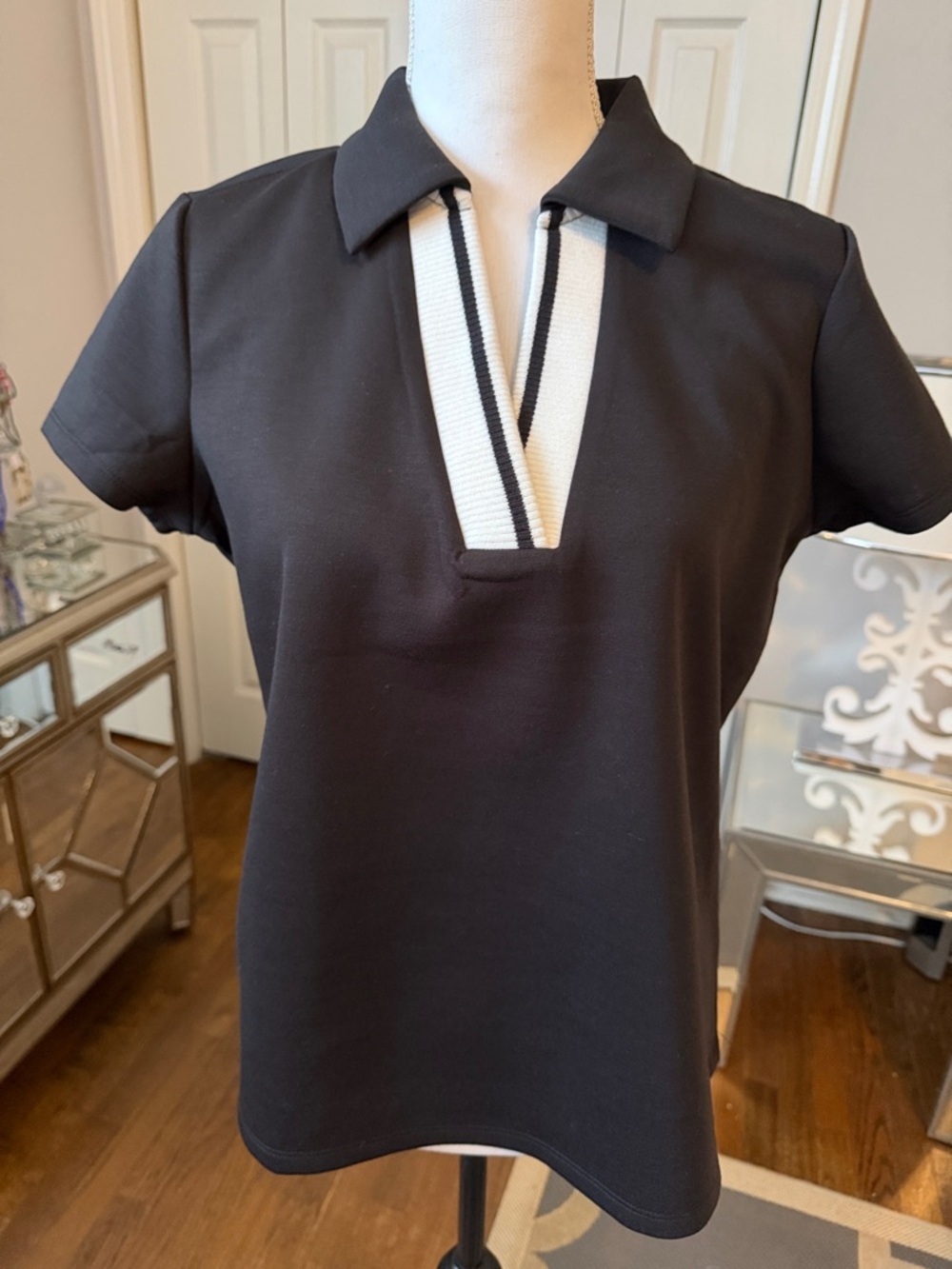 Cupio Blush Super Cool Short-Sleeve Top w/ White/Black Stripe Trim Med